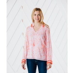 SAIL TO SABLE - CORAL TOILE RUFFLE NECK TOP L